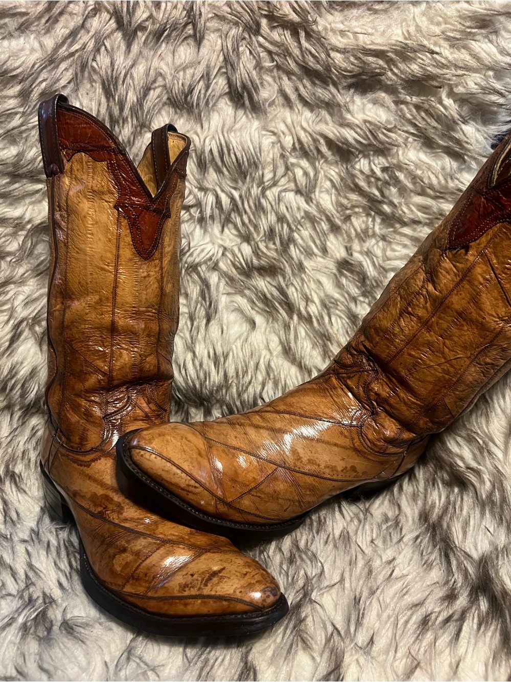 Justin Men FULL EEL Two-Tone Tan and Dark Brown WESTERN Boots Sz 8 D